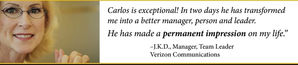 Testimonial praising Carlos's corporate empathy training for transforming management skills and leadership abilities at Verizon Communications.